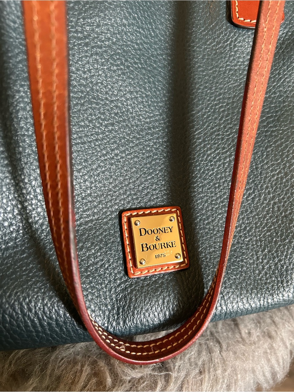 Dooney & Bourke Teal Pebbled Leather Tote with Brown Trim - Picture 3 of 9